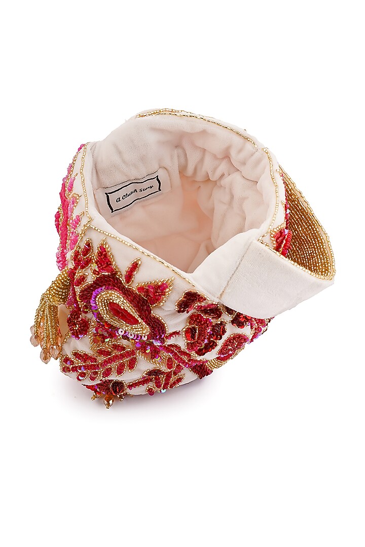 Pink & Red Velvet Floral Hand Embroidered Potli by A Clutch Story at Pernia's Pop Up Shop