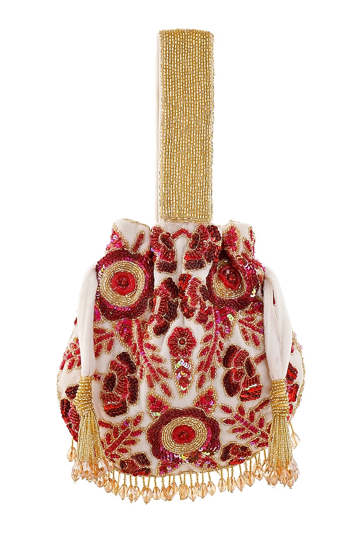 Pink & Red Velvet Floral Hand Embroidered Potli by A Clutch Story at Pernia's Pop Up Shop