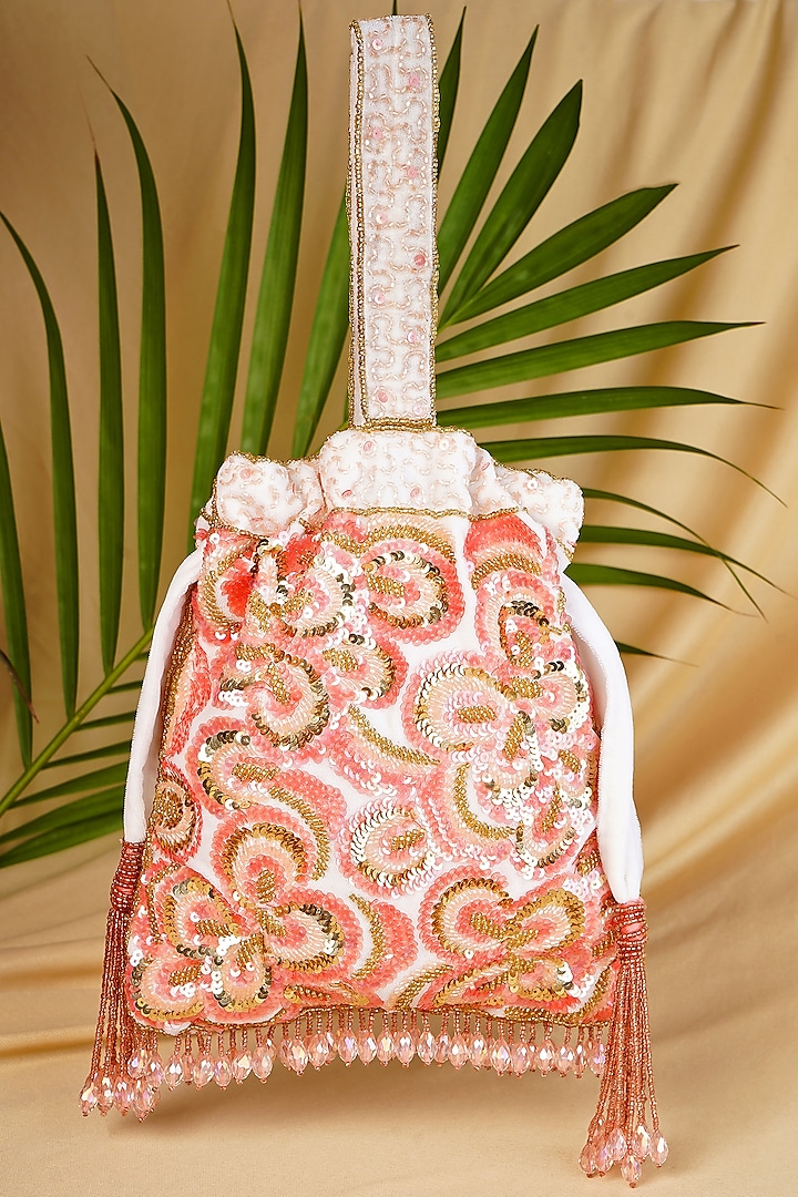 Soft Peach Velvet Floral Embellished Potli by A Clutch Story at Pernia's Pop Up Shop