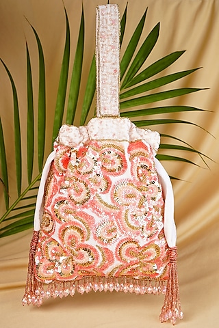 Soft Peach Velvet Floral Embellished Potli by A Clutch Story