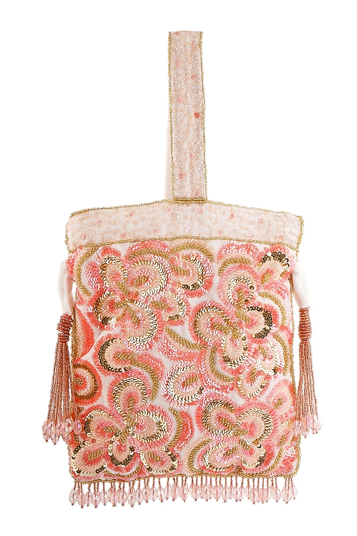 Soft Peach Velvet Floral Embellished Potli by A Clutch Story at Pernia's Pop Up Shop