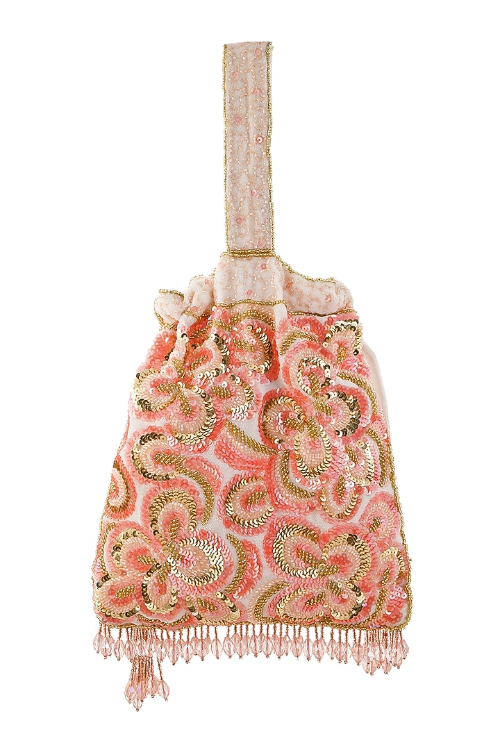 Soft Peach Velvet Floral Embellished Potli by A Clutch Story at Pernia's Pop Up Shop