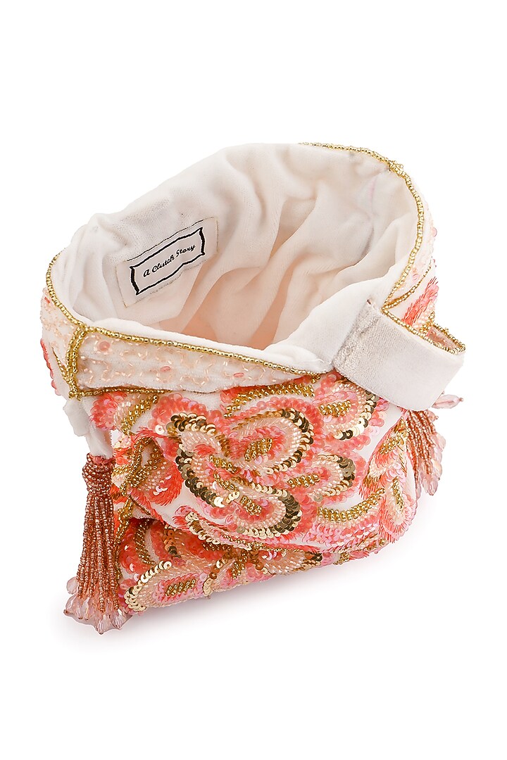 Soft Peach Velvet Floral Embellished Potli by A Clutch Story at Pernia's Pop Up Shop