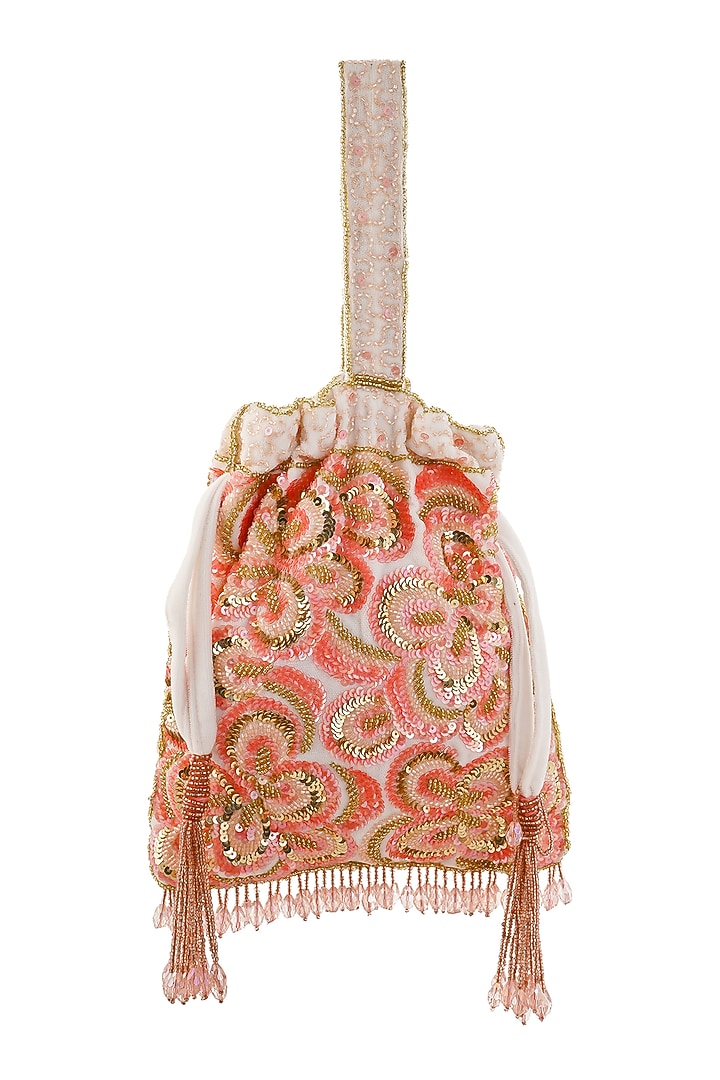 Soft Peach Velvet Floral Embellished Potli by A Clutch Story at Pernia's Pop Up Shop