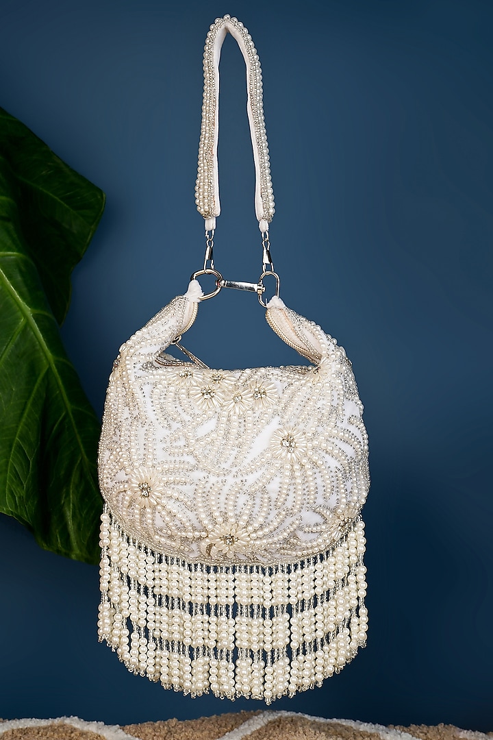 White Velvet Floral Embroidered Baguette-Style Purse by A Clutch Story at Pernia's Pop Up Shop