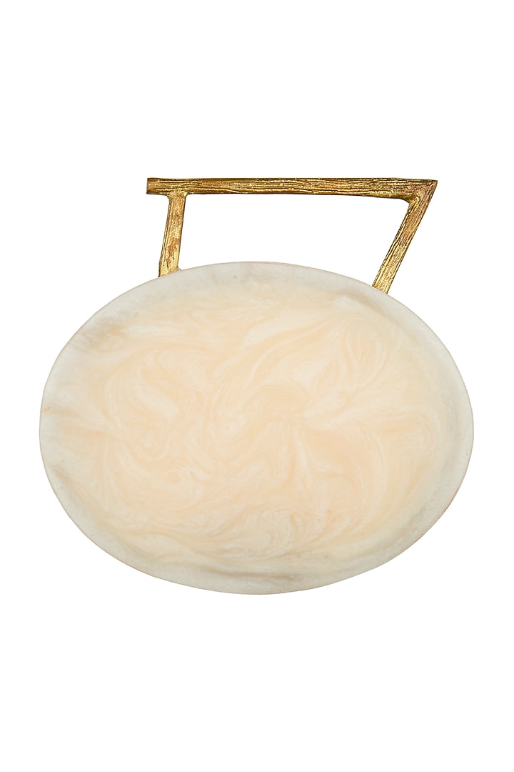 Beige Metal Embellished Oval Clutch by A Clutch Story at Pernia's Pop Up Shop