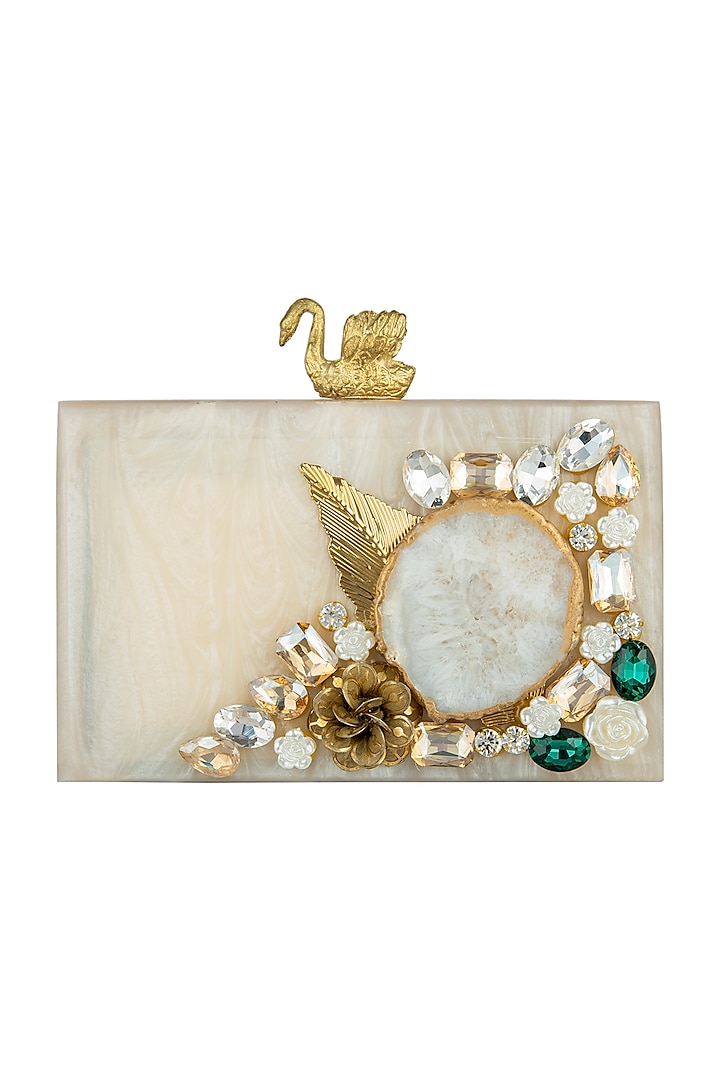 Off White Embellished Box Clutch by A Clutch Story