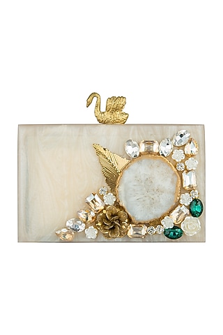 Off White Embellished Box Clutch by A Clutch Story