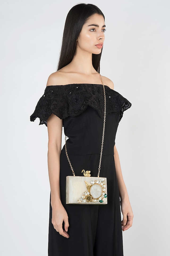 Off White Embellished Box Clutch by A Clutch Story at Pernia's Pop Up Shop