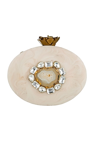 Beige Embellished Oval Clutch by A Clutch Story