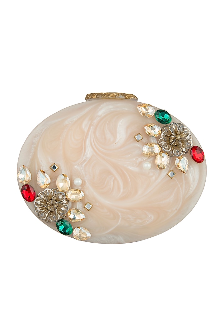 Beige Embellished Resin Oval Clutch by A Clutch Story