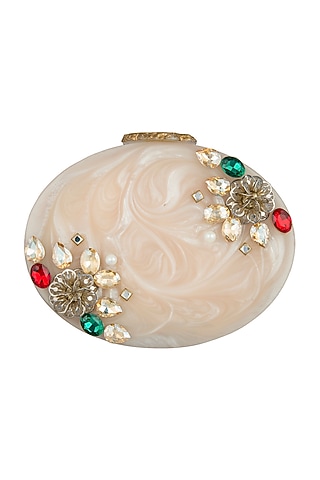 Beige Embellished Resin Oval Clutch by A Clutch Story