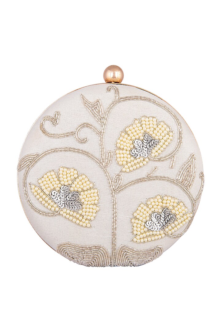 Off White Sequins Round Clutch by A Clutch Story