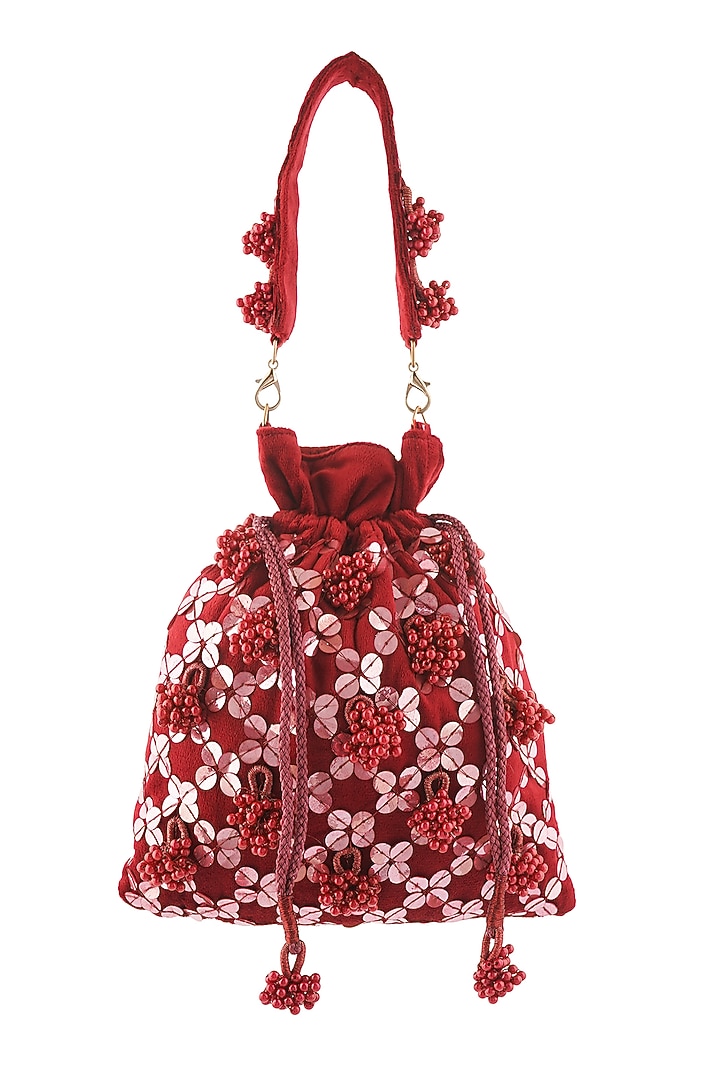 Maroon Suede Sequins Hand Embroidered Potli by A Clutch Story at Pernia's Pop Up Shop