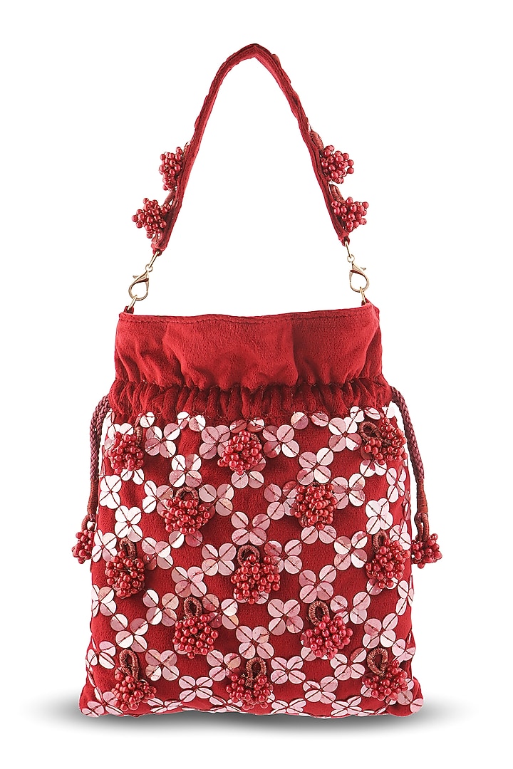 Maroon Suede Sequins Hand Embroidered Potli by A Clutch Story at Pernia's Pop Up Shop
