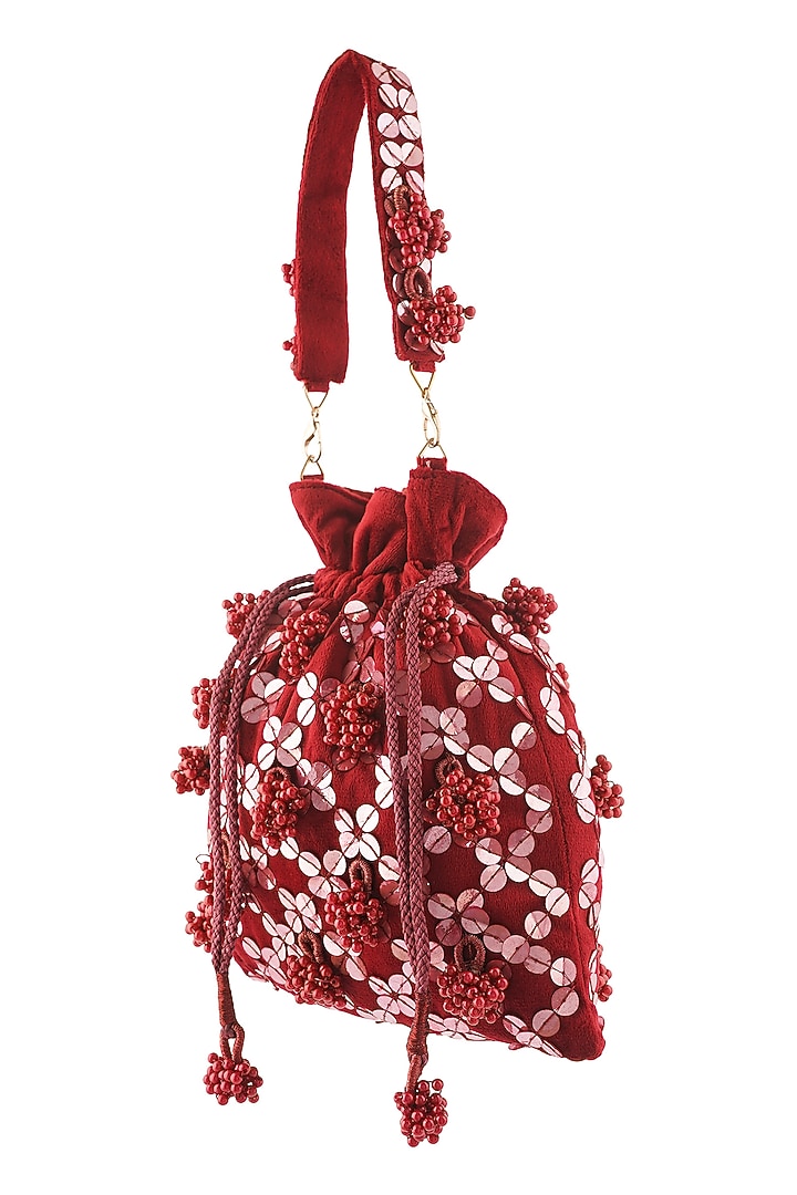 Maroon Suede Sequins Hand Embroidered Potli by A Clutch Story at Pernia's Pop Up Shop