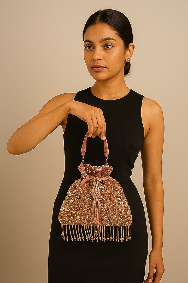 Dusty Pink Suede Beads Hand Embroidered Potli by A Clutch Story at Pernia's Pop Up Shop