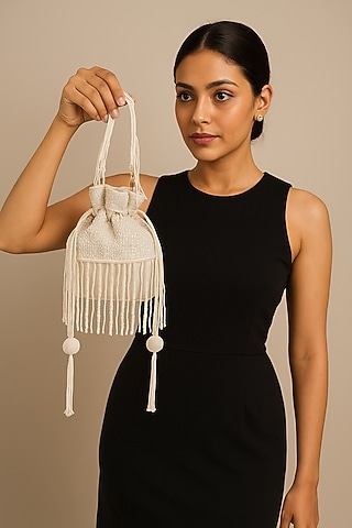 Ivory Suede Beads Hand Embroidered Potli by A Clutch Story