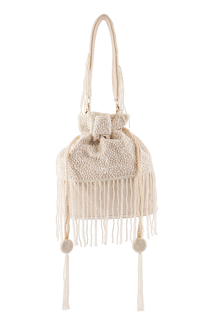 Ivory Suede Beads Hand Embroidered Potli by A Clutch Story at Pernia's Pop Up Shop