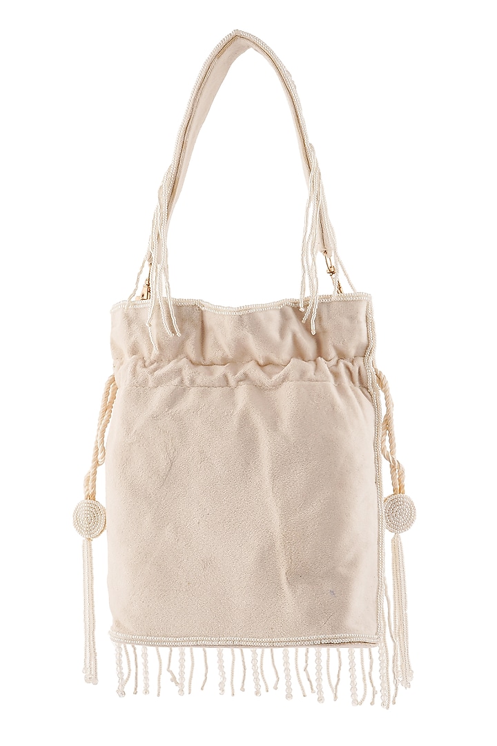 Ivory Suede Beads Hand Embroidered Potli by A Clutch Story at Pernia's Pop Up Shop