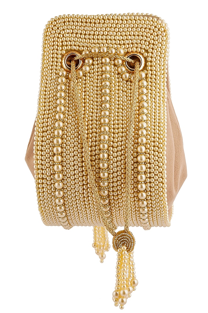 Gold Suede Pearl Embellished Clutch by A Clutch Story at Pernia's Pop Up Shop