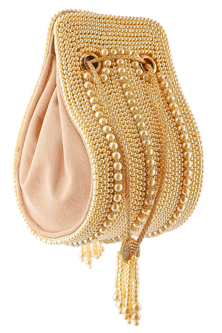 Gold Suede Pearl Embellished Clutch by A Clutch Story at Pernia's Pop Up Shop