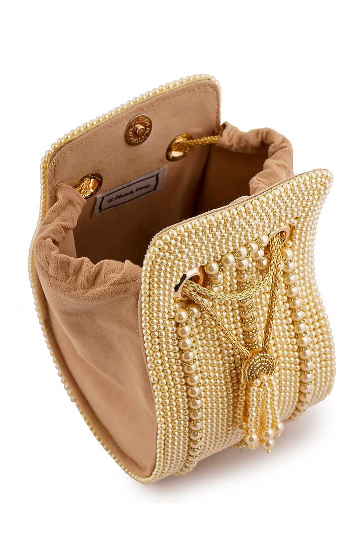 Gold Suede Pearl Embellished Clutch by A Clutch Story at Pernia's Pop Up Shop