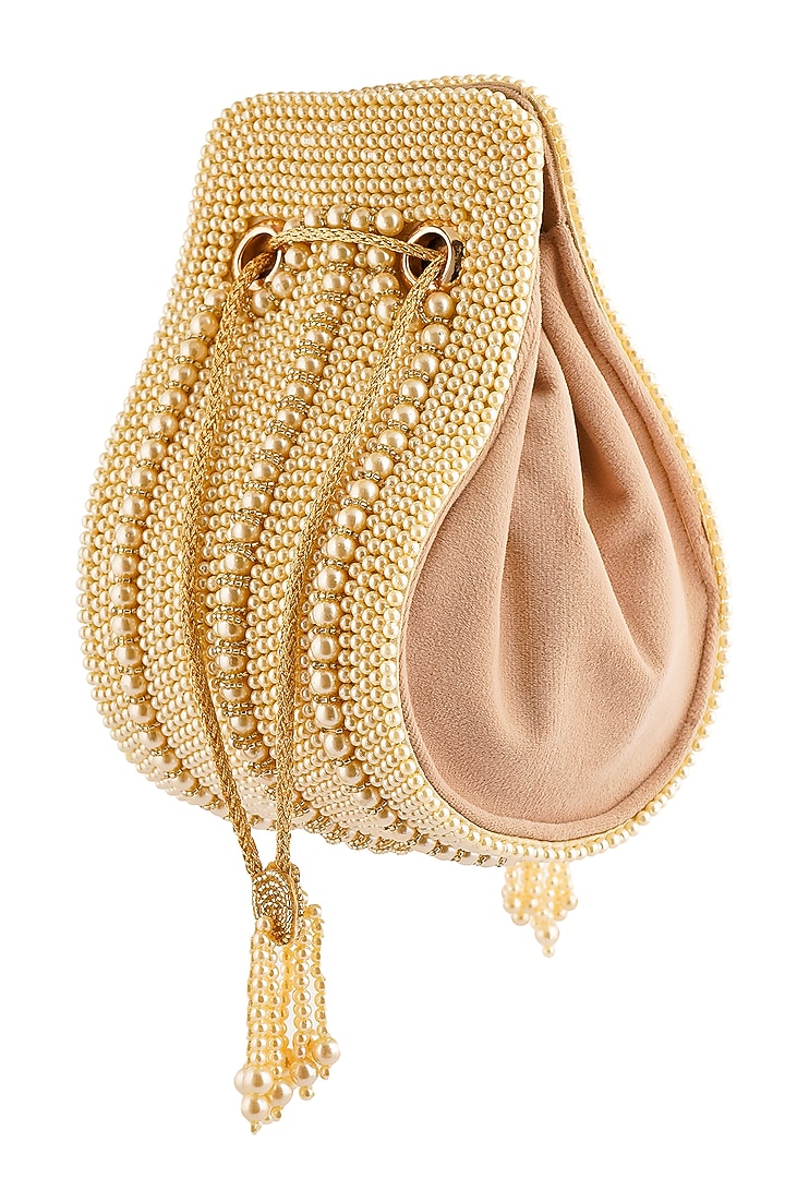 Gold Suede Pearl Embellished Clutch by A Clutch Story at Pernia's Pop Up Shop