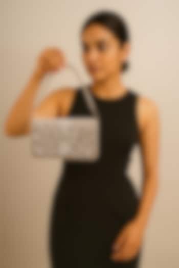 Silver Velvet Thread Embroidered Flapover Box Clutch by A Clutch Story at Pernia's Pop Up Shop