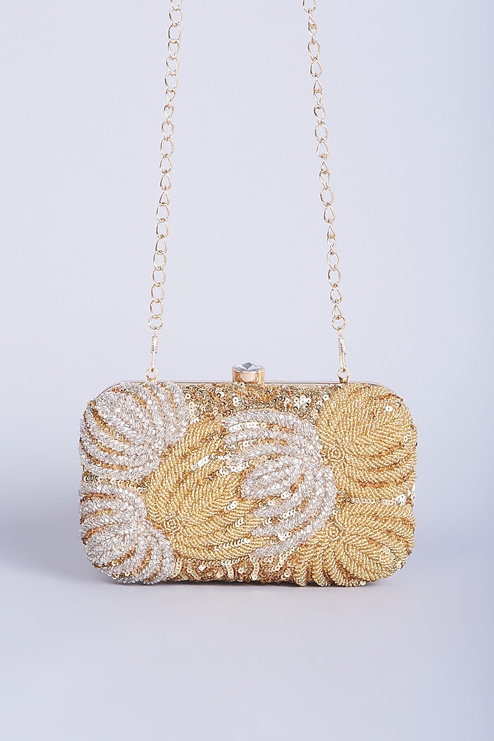 Gold Hand Embroidered Clutch With Sling Chain by A Clutch Story