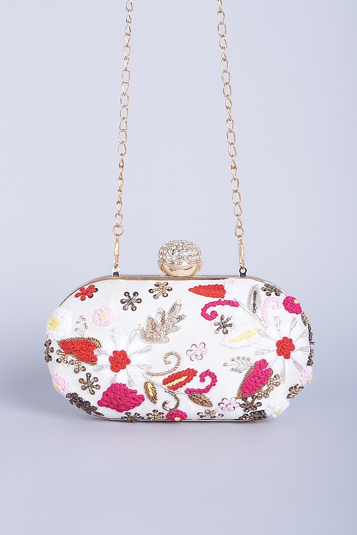 White Floral Embroidered Clutch With Sling Chain by A Clutch Story at Pernia's Pop Up Shop