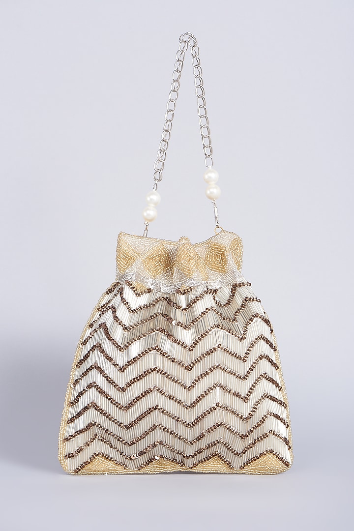 Silver Hand Embroidered Potli With Sling Chain by A Clutch Story at Pernia's Pop Up Shop