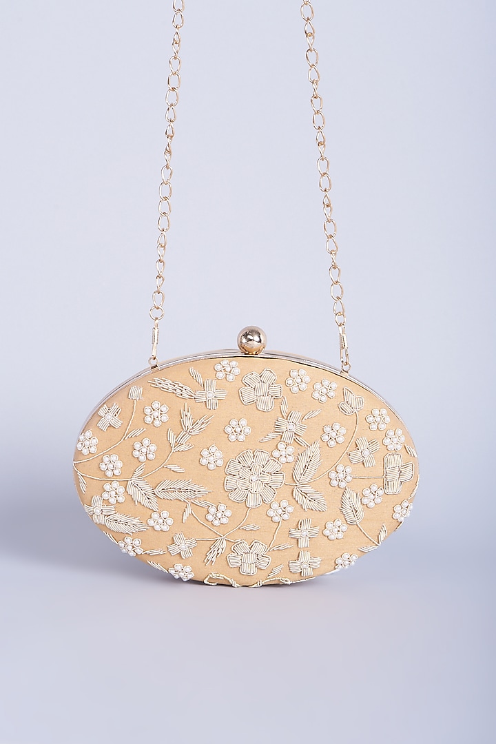 Beige Hand Embroidered Clutch With Sling Chain by A Clutch Story
