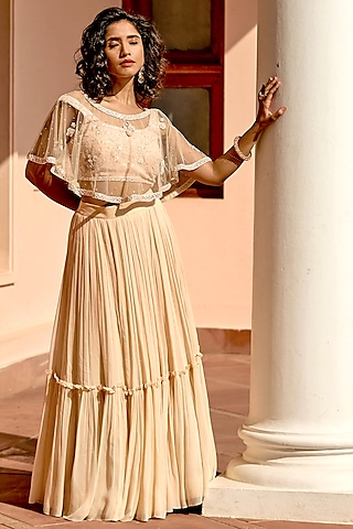 Peach Pure Georgette Hand Embroidered Jacket Lehenga Set by Bbaawri