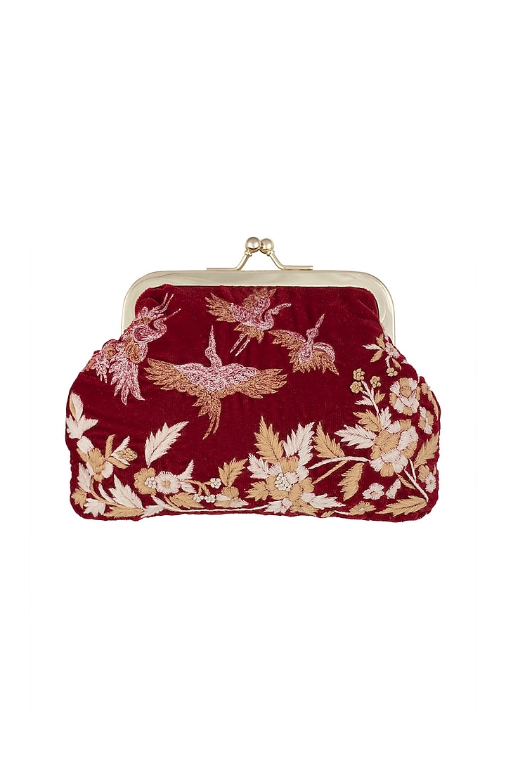Deep Red Embroidered Velvet Clutch by Clutch'D