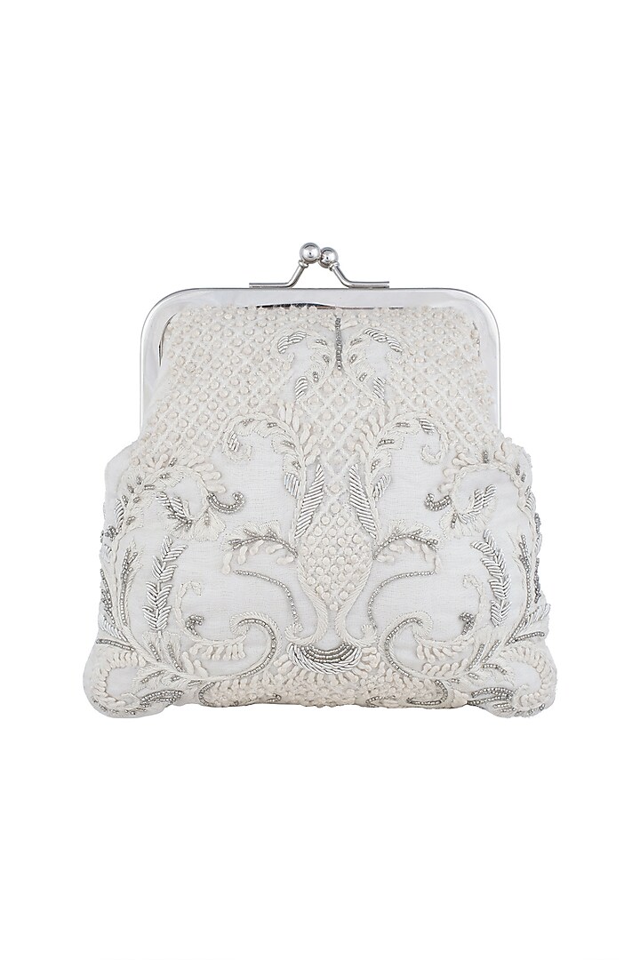 Ivory Embroidered Resham Clutch by Clutch'D