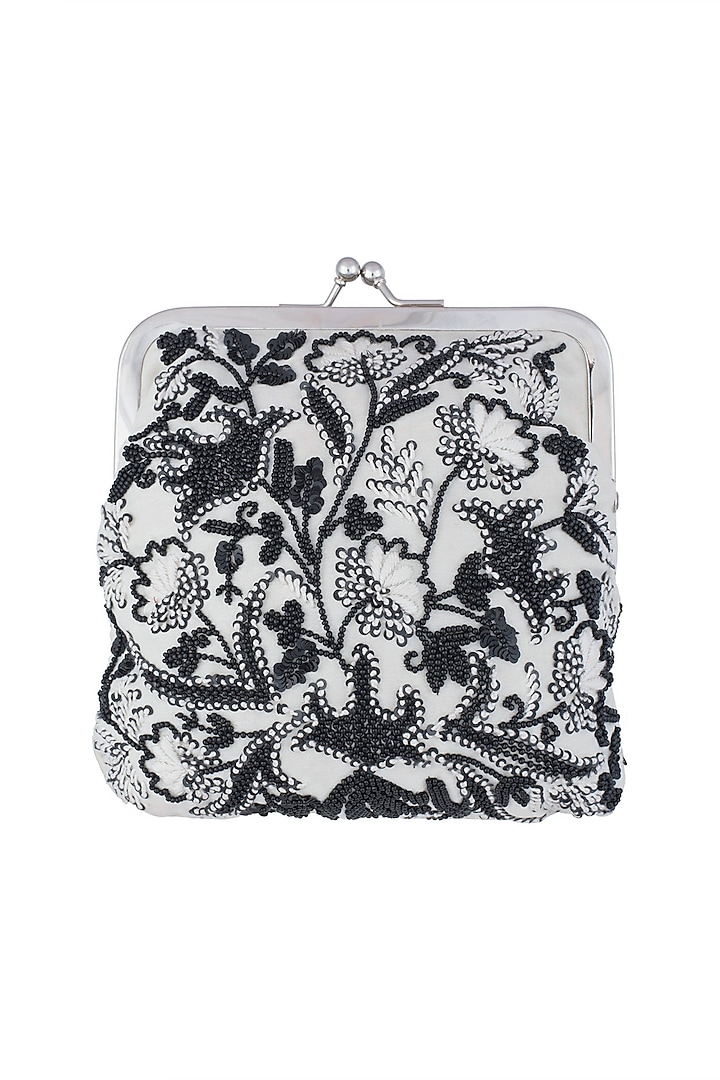 White Embroidered Floral Clutch by Clutch'D