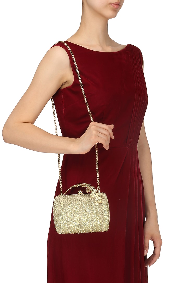 Gold sequins and pearl work box clutch available only at Pernia's Pop Up Shop.