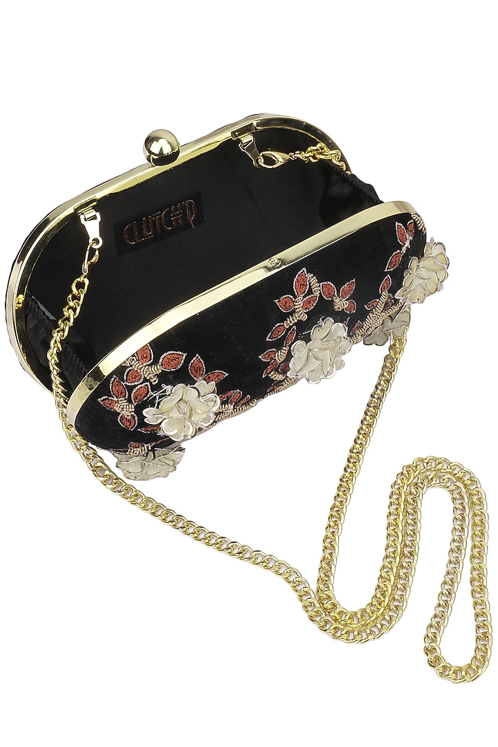 Black net flowers and zardozi work box clutch available only at Pernia's Pop Up Shop.