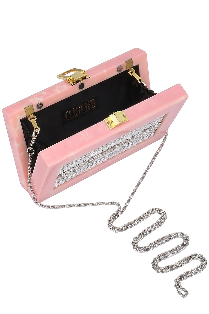 Bubblegum pink metal flowers box clutch available only at Pernia's Pop Up Shop.