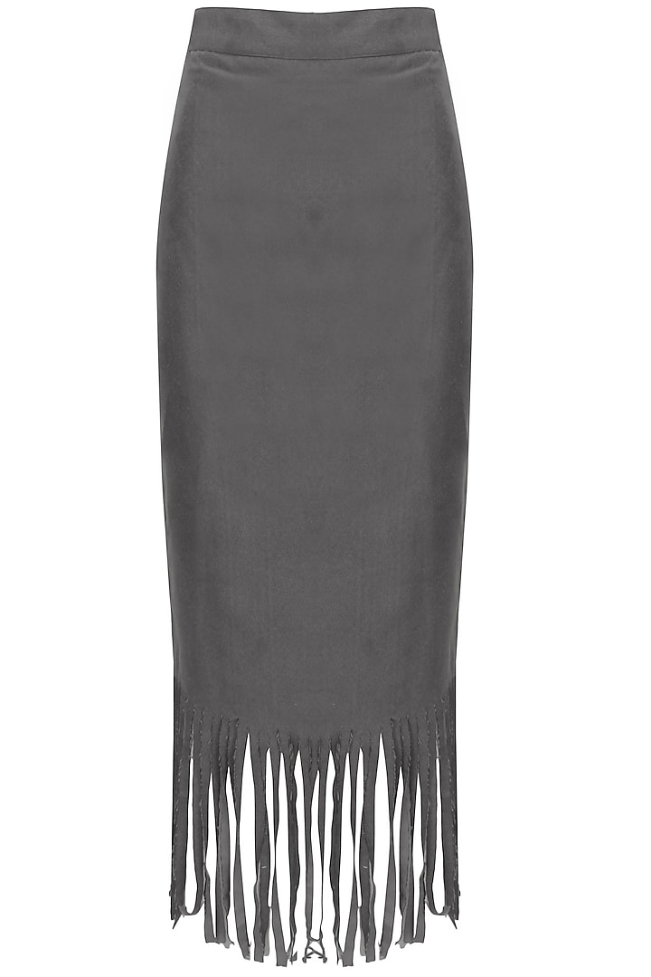 Grey Fringes Pencil Fitted Midi Skirt by Closet Drama