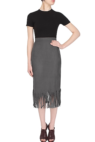 Grey Fringes Pencil Fitted Midi Skirt by Closet Drama