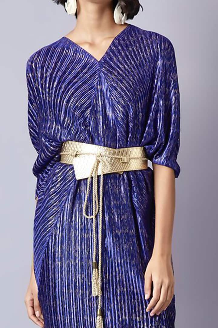 Blue Gold Pleated Midi Dress by Scarlet Sage at Pernia's Pop Up