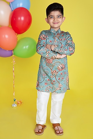 Sea Green Embroidered Kurta Set For Boys by Little Boys Closet
