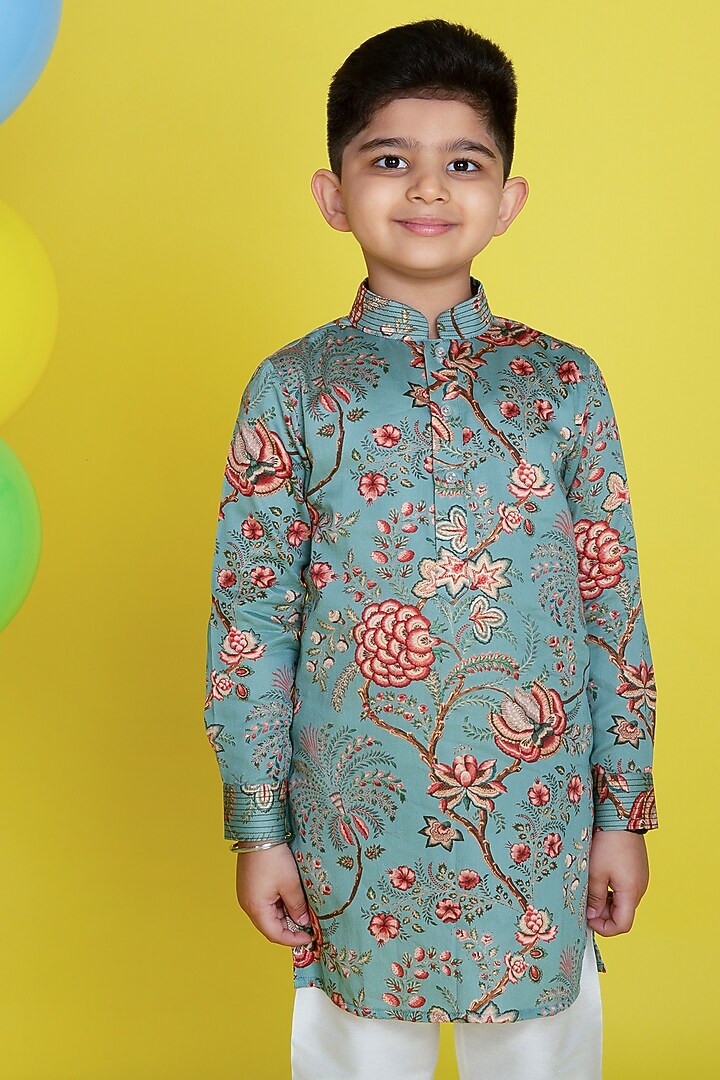 Sea Green Embroidered Kurta Set For Boys by Little Boys Closet at Pernia's Pop Up Shop