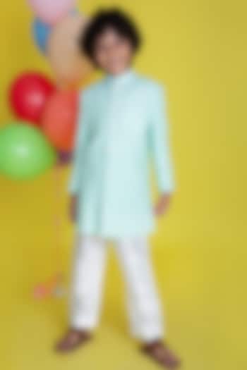 Mint Green Embroidered Sherwani Set For Boys by Little Boys Closet at Pernia's Pop Up Shop