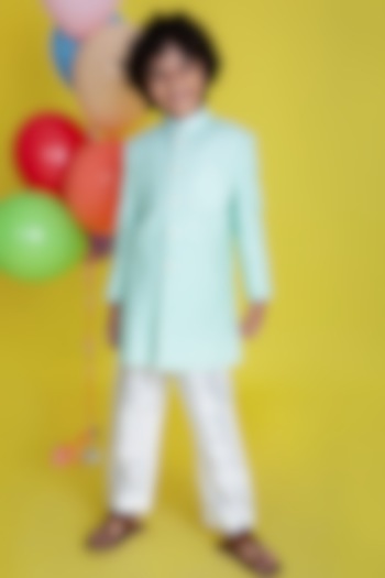 Mint Green Embroidered Sherwani Set For Boys by Little Boys Closet