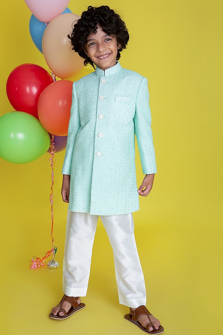Mint Green Embroidered Sherwani Set For Boys by Little Boys Closet