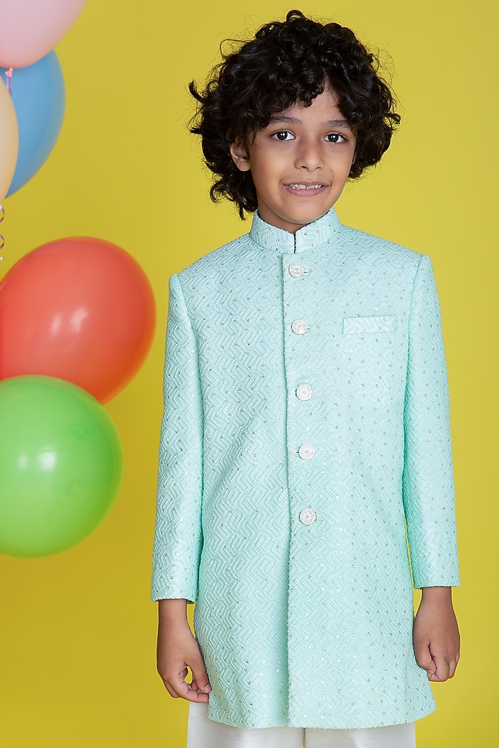 Mint Green Embroidered Sherwani Set For Boys by Little Boys Closet at Pernia's Pop Up Shop