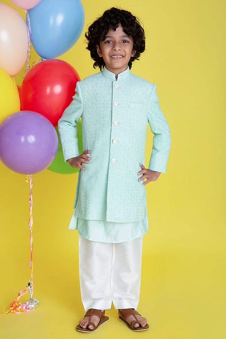 Mint Green Georgette Sherwani Set For Boys by Little Boys Closet at Pernia's Pop Up Shop